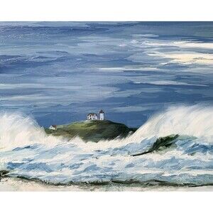 Original Oil Painting Maine Coast Nubble Lighthouse Stormy Seascape 8x10" Signed